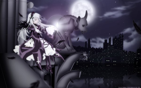 Anime picture 2560x1600 with rozen maiden suigintou cilou (artist) long hair highres wide image white hair night city city lights girl dress moon feather (feathers) statue