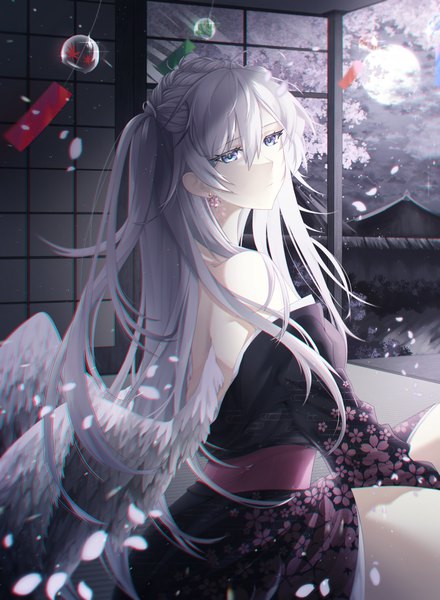 Anime picture 2200x3000 with original sleepshellx single long hair tall image looking at viewer fringe highres blue eyes hair between eyes sitting payot silver hair ahoge indoors braid (braids) traditional clothes japanese clothes wind off shoulder