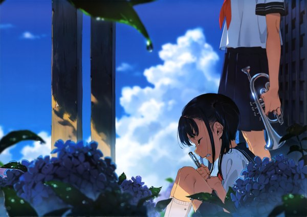 Anime picture 4099x2896 with original yoneyama mai highres black hair multiple girls absurdres sky cloud (clouds) eyes closed tears girl uniform flower (flowers) 2 girls serafuku musical instrument hydrangea flute trumpet