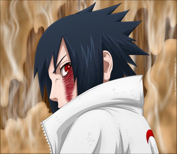 Anime picture 1150x1001 with naruto studio pierrot naruto (series) uchiha sasuke slipknot31 single short hair black hair red eyes profile looking back coloring portrait angry sharingan boy blood