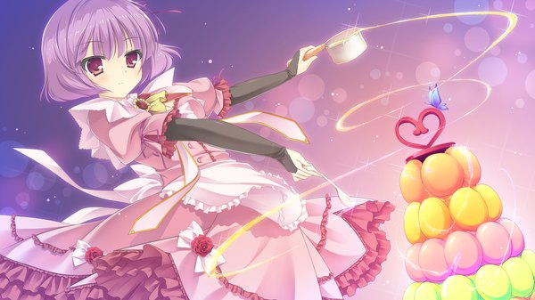 Anime picture 2560x1440 with mizu no miyako no patisserie highres short hair red eyes wide image game cg purple hair girl dress flower (flowers) insect butterfly