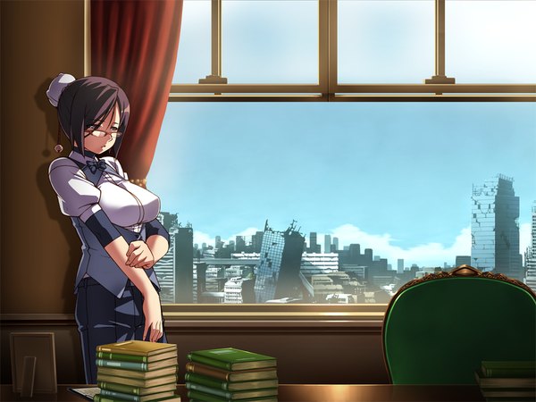 Anime picture 1024x769 with hotel (game) short hair black hair brown eyes game cg girl glasses window book (books)