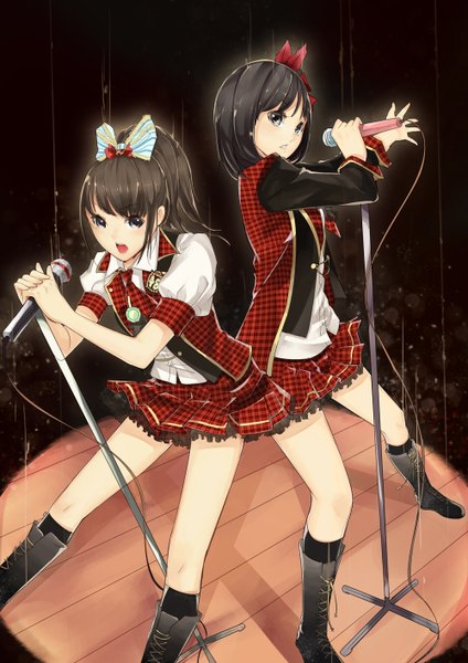 Anime picture 1000x1414 with real life akb48 (group) maeda atsuko (singer) takahashi minami (singer) ll.ee. long hair tall image short hair open mouth black hair multiple girls black eyes girl dress bow 2 girls hair bow boots microphone stand