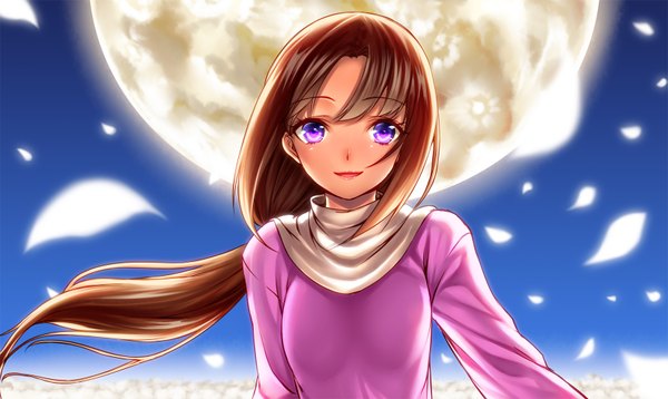 Anime picture 1675x1000 with original unowen single long hair looking at viewer brown hair wide image purple eyes ponytail girl petals moon