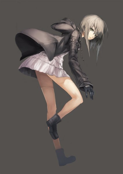 Anime picture 1000x1414 with original yucca-612 (neco) single tall image looking at viewer fringe short hair simple background brown hair brown eyes grey background open clothes open jacket girl dress gloves jacket boots white dress
