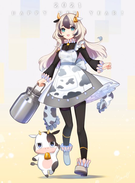 Anime picture 2894x3901 with original mamo (fortune-mm) single long hair tall image highres open mouth blonde hair animal ears full body :d multicolored hair horn (horns) aqua eyes two-tone hair new year animal print happy new year 2021 cow ears