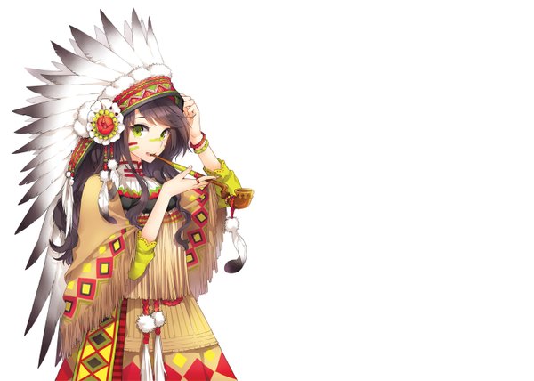 Anime picture 1400x1000 with original nardack long hair fringe black hair simple background white background green eyes facial mark face paint native american girl hair ornament bracelet feather (feathers) pipe native american headdress