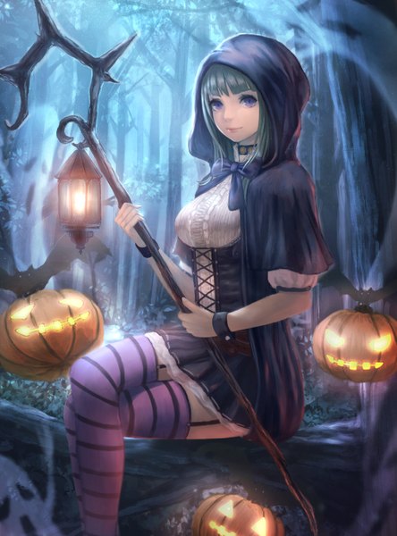 Anime picture 2026x2738 with original yazuwo long hair tall image looking at viewer highres black hair sitting purple eyes crossed legs halloween witch girl thighhighs dress plant (plants) tree (trees) striped thighhighs jack-o'-lantern