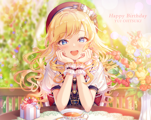 Anime picture 1200x960 with idolmaster idolmaster cinderella girls idolmaster cinderella girls starlight stage ootsuki yui kina (446964) single long hair looking at viewer blush open mouth blue eyes blonde hair sitting sparkle puffy sleeves character names happy birthday chin rest love wonder girl