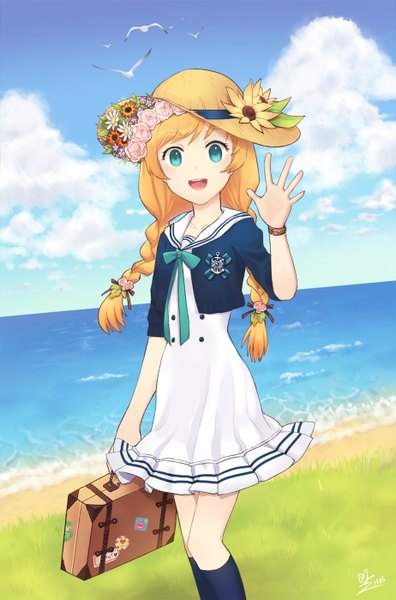 Anime picture 924x1400 with original minari single long hair tall image looking at viewer open mouth blue eyes blonde hair sky cloud (clouds) braid (braids) hair flower beach girl dress hair ornament flower (flowers) animal sea