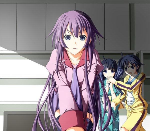 Anime picture 1247x1090 with bakemonogatari shaft (studio) monogatari (series) senjougahara hitagi araragi karen araragi tsukihi nekoro short hair blue eyes multiple girls blue hair purple hair ahoge girl serafuku necktie 3 girls