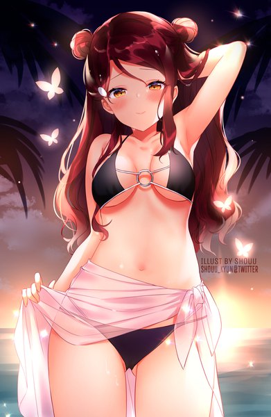 Anime picture 1500x2300 with love live! sunshine!! sunrise (studio) love live! sakurauchi riko shouu-kun single long hair tall image looking at viewer blush fringe breasts light erotic smile standing bare shoulders holding signed payot sky