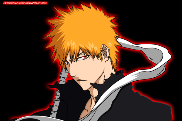 Anime picture 1095x729 with bleach studio pierrot kurosaki ichigo akira-12 single looking at viewer short hair simple background red eyes signed orange hair shadow coloring torn clothes black background close-up face boy bandage (bandages)