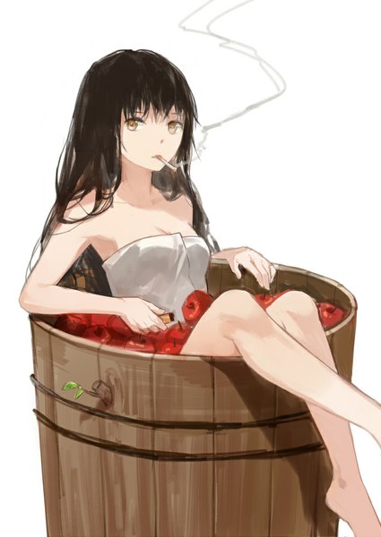 Anime picture 709x1000 with original cotta single long hair tall image looking at viewer light erotic black hair simple background white background bare shoulders brown eyes barefoot bare legs crossed legs smoke smoking naked towel girl in bucket girl