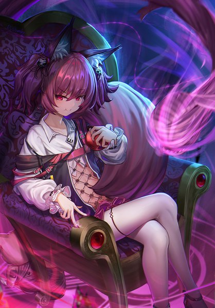 Anime picture 1000x1434 with arknights shamare (arknights) dddsunsky single tall image fringe short hair hair between eyes red eyes sitting twintails holding animal ears payot pink hair tail animal tail crossed legs magic short twintails