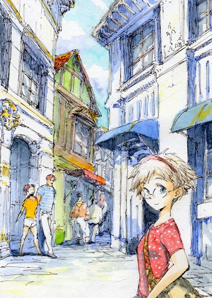 Anime picture 711x1000 with original hirokazu tall image looking at viewer short hair blue eyes blonde hair smile brown hair sky ponytail city traditional media girl boy glasses shorts hairband building (buildings) bag