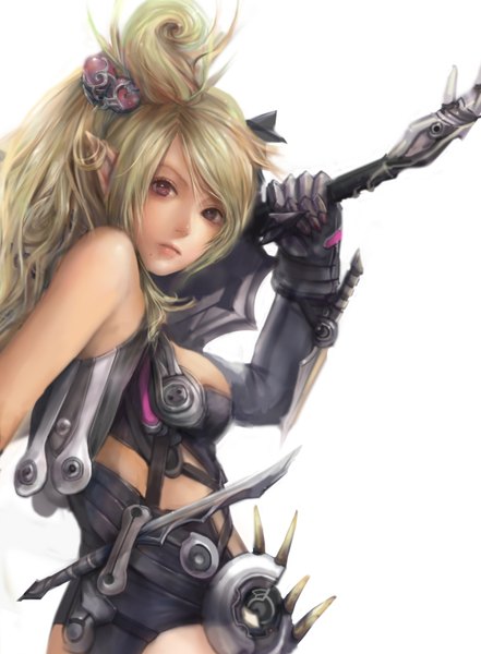 Anime picture 1152x1568 with original misshu long hair tall image looking at viewer fringe breasts simple background blonde hair white background holding brown eyes pointy ears gloves weapon armor dagger