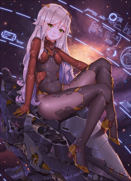 Anime picture 1100x1518 with original fangxiang cuoluan single long hair tall image looking at viewer blush fringe breasts light erotic sitting green eyes pink hair bent knee (knees) covered navel flat chest space hand on knee shiny mecha musume