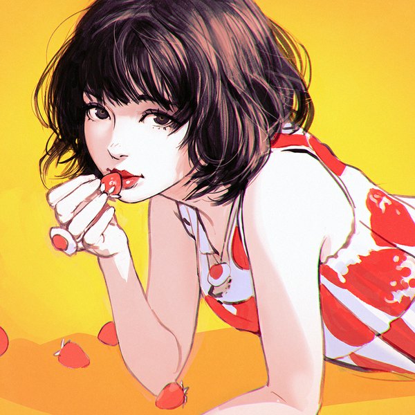 Anime picture 900x900 with original ilya kuvshinov single looking at viewer fringe short hair black hair simple background smile brown hair bare shoulders holding black eyes realistic shadow lipstick gradient background reclining red lipstick yellow background