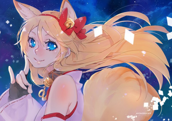 Anime picture 1000x707 with love live! school idol project sunrise (studio) love live! ayase eli ian olympia single long hair blue eyes blonde hair smile animal ears tail animal tail wind night night sky fox ears turning head finger to mouth fox tail