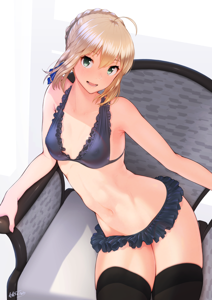 Anime picture 1071x1514 with fate (series) fate/stay night artoria pendragon (all) saber nanahime (aoi) single tall image looking at viewer blush fringe short hair breasts open mouth light erotic simple background blonde hair smile hair between eyes sitting bare shoulders