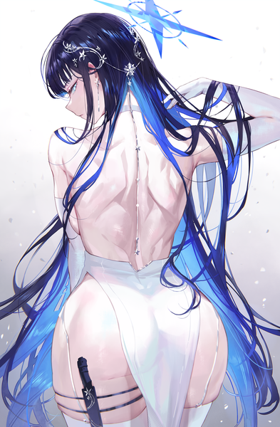 Anime picture 3664x5600 with blue archive saori (blue archive) saori (dress) (blue archive) qiandaiyiyu single long hair tall image looking at viewer fringe highres breasts blue eyes light erotic black hair simple background standing blue hair absurdres ass blunt bangs