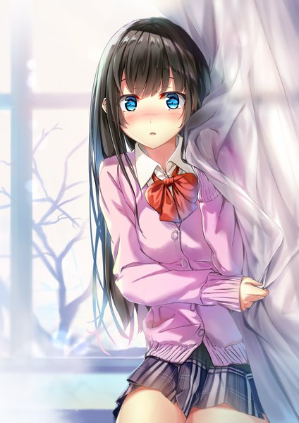 Anime picture 780x1103 with original wingheart single long hair tall image looking at viewer blush open mouth blue eyes black hair girl skirt uniform school uniform window bowtie