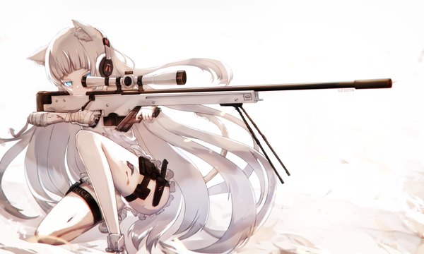 Anime picture 7000x4200 with girls frontline original awp (girls frontline) (nekoya (liu)) nekoya (liu) single fringe highres blue eyes light erotic simple background wide image holding signed animal ears looking away absurdres white hair tail blunt bangs very long hair