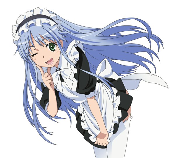 Anime picture 1000x900 with to aru majutsu no index j.c. staff index smile (rz) single long hair looking at viewer simple background white background green eyes blue hair one eye closed wink maid girl thighhighs white thighhighs headdress maid headdress