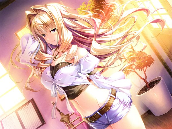 Anime picture 4175x3128 with aozora stripe osakabe mahiro piromizu single long hair highres blue eyes blonde hair smile standing purple eyes bare shoulders absurdres indoors long sleeves sunlight midriff dutch angle groin bondage