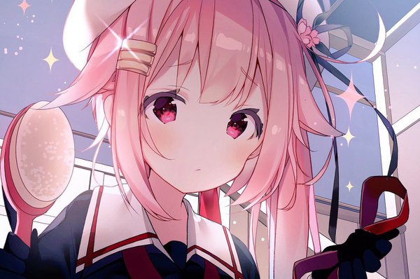 Anime picture 1343x893 with kantai collection harusame destroyer kabako (lilypicture410v) single long hair looking at viewer blush fringe holding pink hair indoors pink eyes sparkle side ponytail asymmetrical hair girl gloves uniform black gloves serafuku