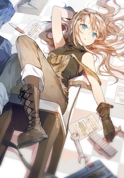 Anime picture 700x1000 with original sorolp single long hair tall image looking at viewer fringe blue eyes blonde hair hair between eyes signed bent knee (knees) on back sleeveless arm behind head lacing checkered floor floor goggles on head girl