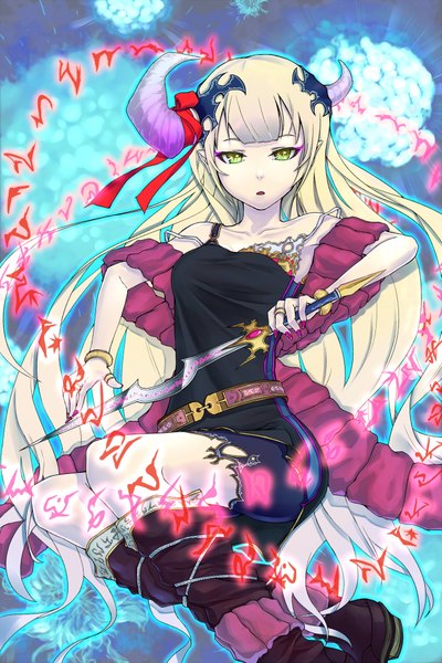 Anime picture 1333x2000 with agenoumi single long hair tall image open mouth blonde hair bare shoulders green eyes nail polish horn (horns) pointy ears magic demon girl eyeshadow girl weapon sword bracelet belt ring