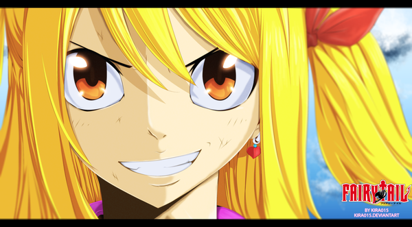 Anime picture 2600x1438 with fairy tail lucy heartfilia kira015 single long hair highres blonde hair smile wide image sky cloud (clouds) inscription orange eyes copyright name grin coloring close-up face girl bow