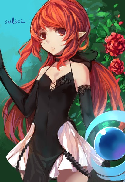 Anime picture 2031x2952 with swd3e2 single long hair tall image looking at viewer highres red eyes bare shoulders signed red hair pointy ears girl dress gloves flower (flowers) elbow gloves