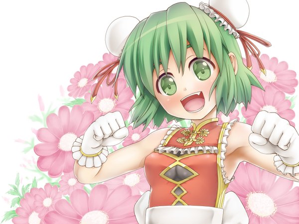 Anime picture 1600x1200 with original endou hiroto single blush fringe short hair breasts open mouth white background bare shoulders green eyes upper body head tilt green hair teeth hair bun (hair buns) sleeveless happy girl gloves