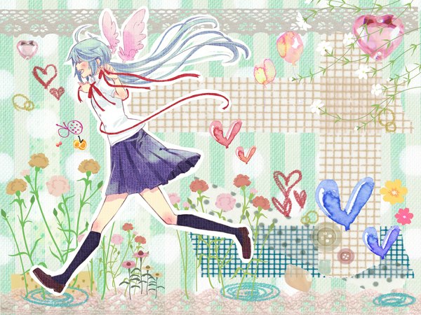 Anime picture 1152x864 with vocaloid hatsune miku vient single long hair blush open mouth twintails eyes closed profile pleated skirt aqua hair wallpaper spread arms running girl uniform flower (flowers) ribbon (ribbons) school uniform