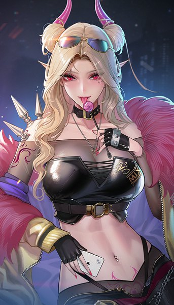 Anime picture 814x1422 with original tsuki no i-min single long hair tall image looking at viewer blush fringe breasts light erotic blonde hair red eyes large breasts holding outdoors nail polish horn (horns) fingernails light smile pointy ears