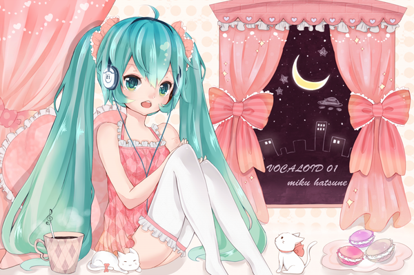 Anime picture 1700x1133 with vocaloid hatsune miku single long hair highres open mouth twintails aqua eyes aqua hair loli crescent girl thighhighs bow white thighhighs headphones cat cup