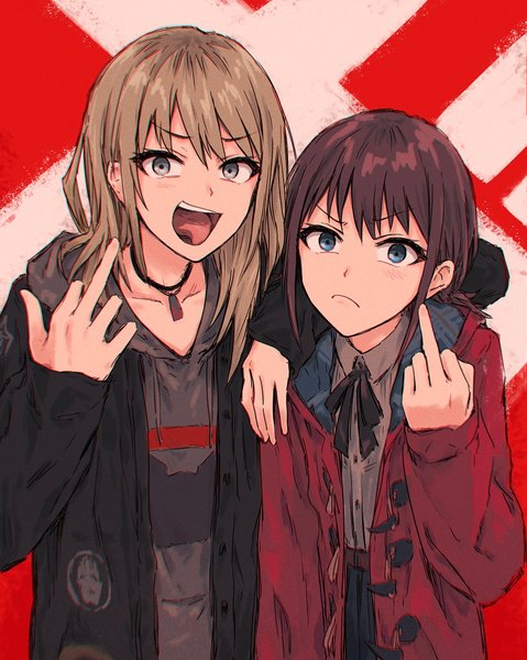 Anime picture 1117x1400 with girls band cry toei animation iseri nina kawaragi momoka bullfalk long hair tall image looking at viewer short hair open mouth blue eyes blonde hair brown hair multiple girls upper body :d open jacket grey eyes hand on another's shoulder middle finger