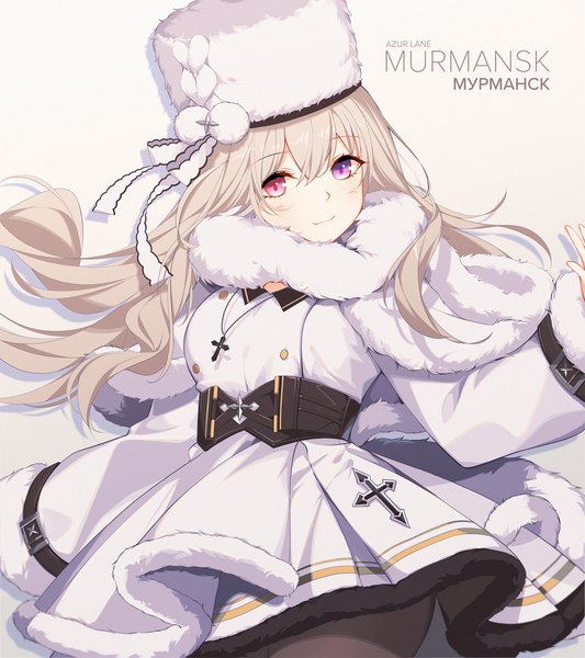 Anime picture 2400x2700 with azur lane murmansk (azur lane) rabe26k single long hair tall image fringe highres simple background blonde hair smile hair between eyes white background looking away copyright name character names fur trim heterochromia text russian
