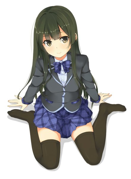 Anime picture 600x816 with original unasaka ryou single long hair tall image blush fringe black hair simple background smile white background sitting brown eyes looking away pleated skirt arm support shadow no shoes zettai ryouiki wariza