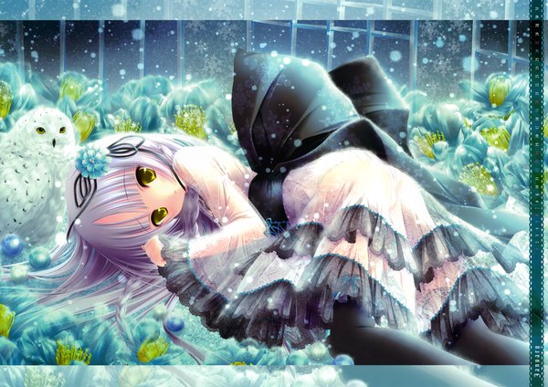 Anime picture 6997x4948 with original tinker bell single long hair looking at viewer highres yellow eyes absurdres silver hair scan loli lolita fashion calendar 2013 girl thighhighs dress hair ornament flower (flowers) black thighhighs animal