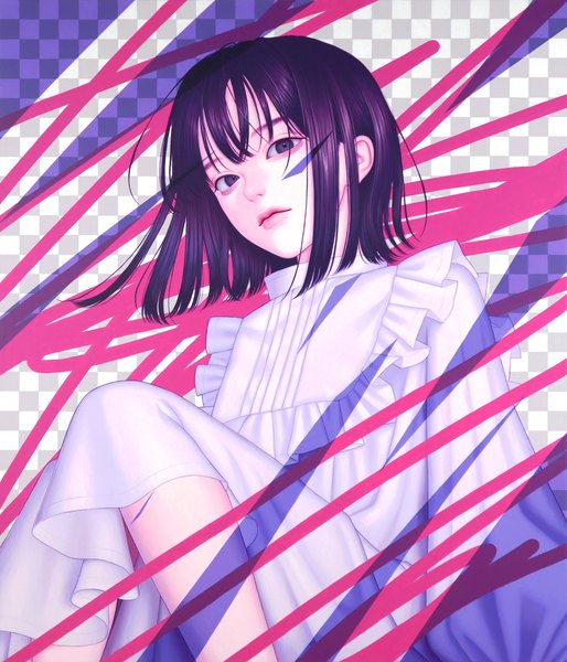 Anime picture 1756x2048 with original konno mayumi single long hair tall image looking at viewer highres short hair black hair lips black eyes realistic puffy sleeves expressionless traditional media acrylic paint (medium) girl dress white dress