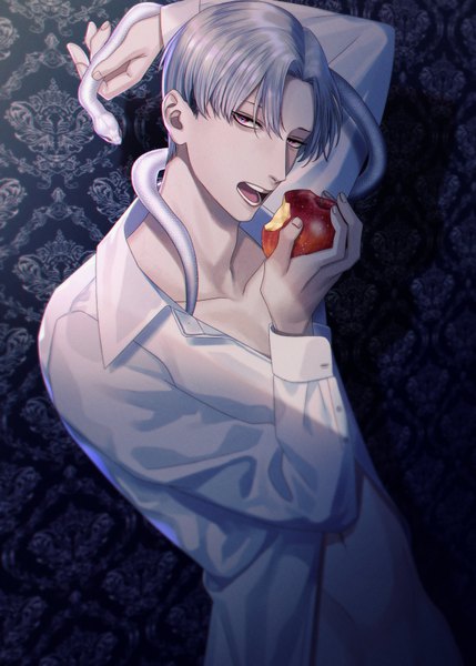 Anime picture 650x909 with original kurayoshi samu (sum) single tall image looking at viewer fringe short hair open mouth light erotic hair between eyes red eyes holding silver hair upper body arm up shadow open shirt groin arm behind head eating