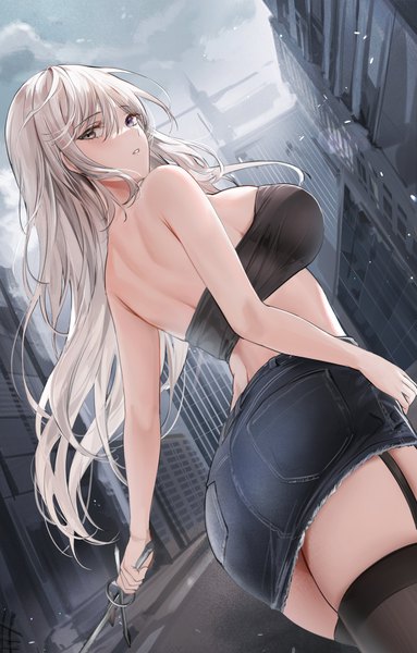 Anime picture 2614x4096 with original lillly single long hair tall image fringe highres light erotic hair between eyes standing purple eyes bare shoulders holding silver hair outdoors ass parted lips looking back wind from below