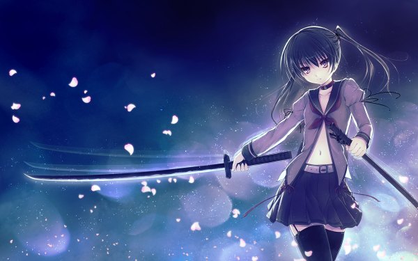 Anime picture 1200x750 with original aruciii single long hair looking at viewer black hair purple eyes twintails dark background girl thighhighs skirt navel weapon black thighhighs petals sword katana
