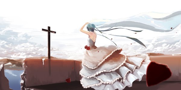 Anime picture 1500x750 with vocaloid hatsune miku haz first music single wide image twintails cloud (clouds) very long hair from behind aqua hair girl dress flower (flowers) petals frills rose (roses) cross wedding dress