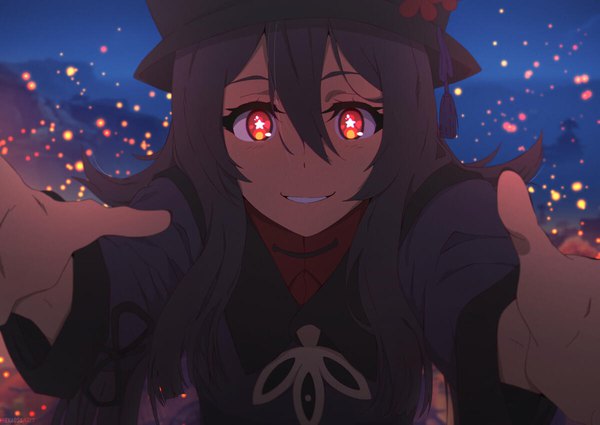 Anime picture 1200x849 with genshin impact hu tao (genshin impact) nenaosu single long hair looking at viewer blush fringe black hair smile hair between eyes red eyes upper body outdoors long sleeves night night sky grin outstretched arm watermark