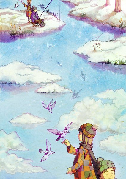 Anime picture 1240x1754 with original kinako928 (artist) tall image short hair brown hair standing sitting sky cloud (clouds) eyes closed dual persona fishing girl boy plant (plants) animal water jacket scarf bird (birds)